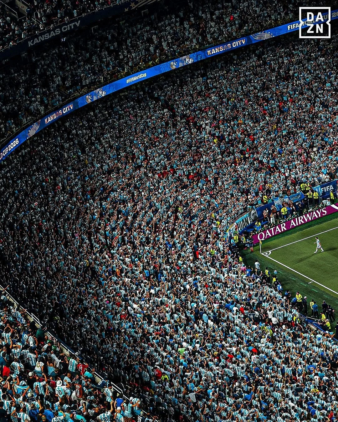 A packed stadium view showing a sea of Argentina supporters in blue and white behind the goal at a World Cup 2026 match.