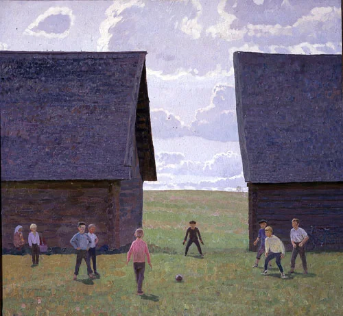 Oil painting of children playing soccer in a field between two large old wooden sheds under a dramatic cloudy sky.